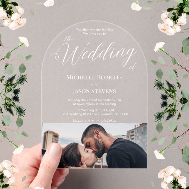 Modern Elegant Bottom Photo Calligraphy Wedding Acrylic Invitations (Creator Uploaded)