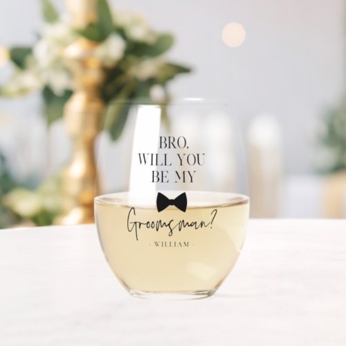 Modern Elegant Bow Tie Groomsman Proposal Gift Stemless Wine Glass