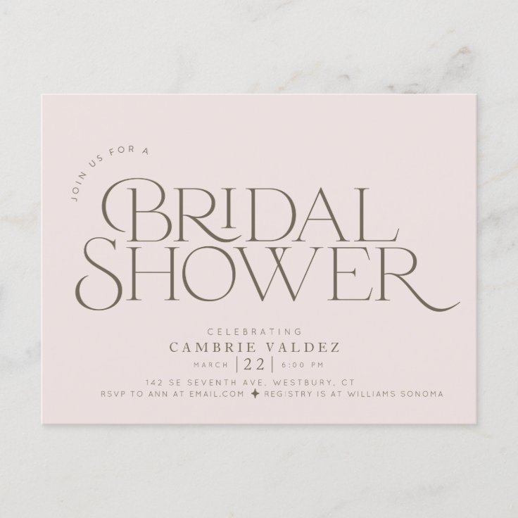 Modern, Elegant bridal shower invitation Postcard Zazzle