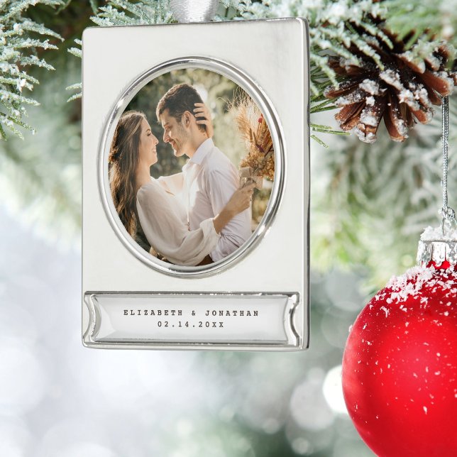 Modern Elegant Bride and Groom Wedding Photo Ceram Silver Plated Banner Ornament (Creator Uploaded)