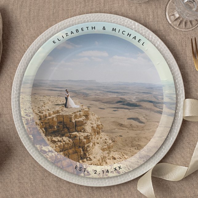 Modern Elegant Bride and Groom Wedding Photo Paper Plates (Creator Uploaded)