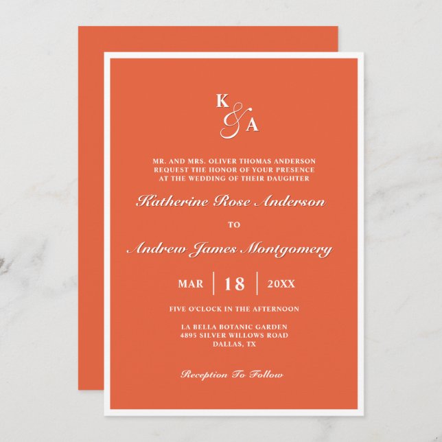 Modern Elegant Bright Orange Monogram Wedding  Invitation (Front/Back)