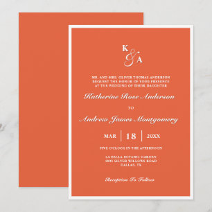 Modern Elegant Bright Orange Monogram Wedding  Invitation
