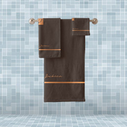 Modern elegant brown gold chic monogrammed stripes bath towel set