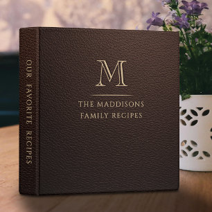 Modern Elegant Brown Leather Gold Monogram Recipe 3 Ring Binder