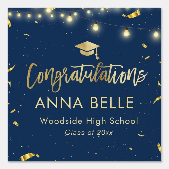 Modern Elegant Brush Script Custom Name Navy Gold Sign (Front)