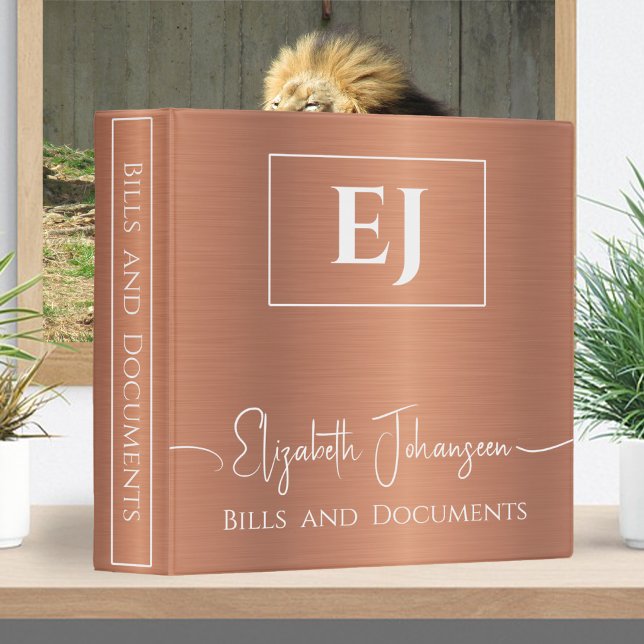 Modern Elegant Brushed Copper Metal Monogrammed 3 Ring Binder (Creator Uploaded)