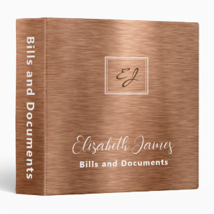 Modern Elegant Brushed Copper Metal Monogrammed 3 Ring Binder