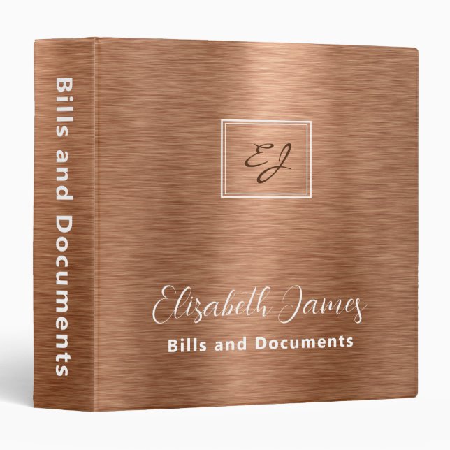 Modern Elegant Brushed Copper Metal Monogrammed 3 Ring Binder (Front/Spine)