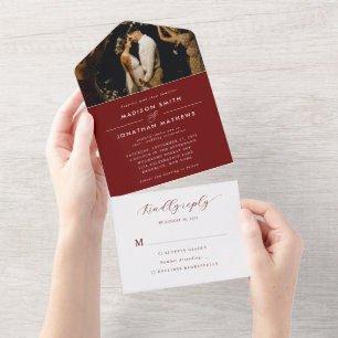 Modern Elegant Burgundy Ampersand Photo Wedding All In One Invitation