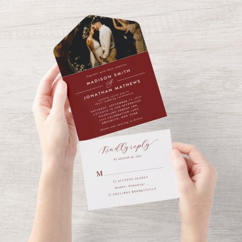 Modern Elegant Burgundy Ampersand Photo Wedding All In One Invitation