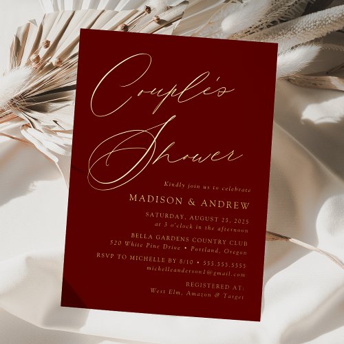 Modern Elegant Burgundy and Gold Couples Shower Foil Invitation