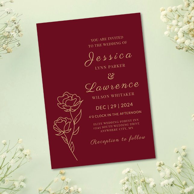 Modern Elegant burgundy and gold Floral  Wedding  Invitation (Modern Elegant chic Simple Minimalist Classic Burgundy and Gold Dark Red Floral Wedding Invitations)