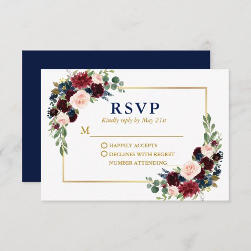 Modern Elegant Burgundy Blue Floral Gold Wedding  RSVP Card