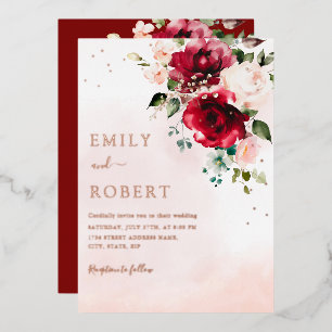 Modern Elegant Burgundy Blush Boho Floral Wedding Foil Invitation