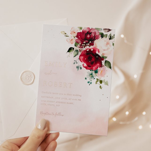 Modern Elegant Burgundy Blush Boho Floral Wedding Foil Invitation (Creator Uploaded)