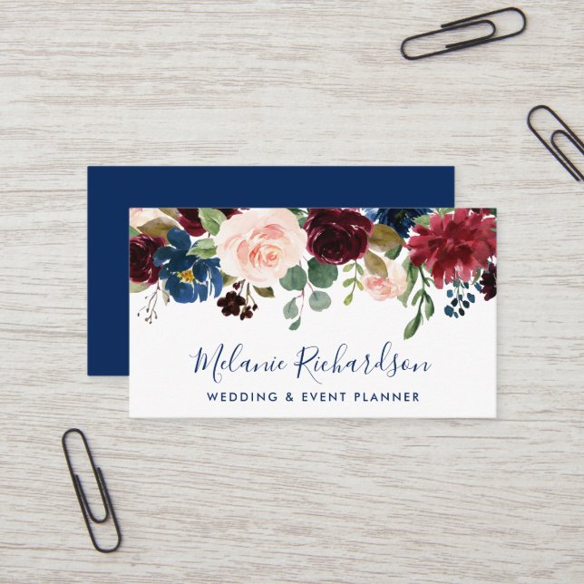 Modern Elegant Burgundy Classic Blue Floral Business Card (Front/Back In Situ)