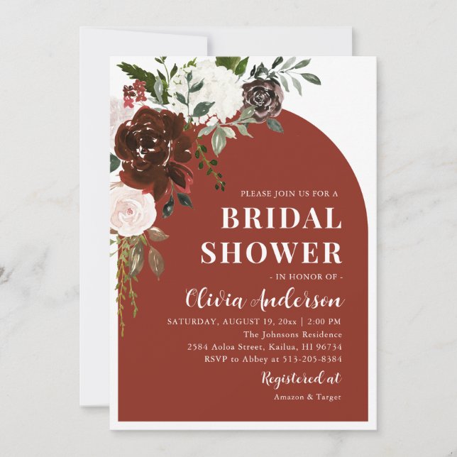 Modern Elegant Burgundy Floral Bridal Shower Invitation (Front)