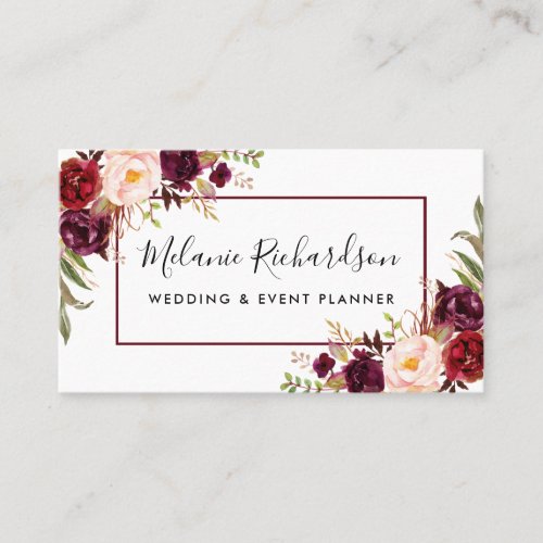 Modern Elegant Burgundy Floral Framed Business Card