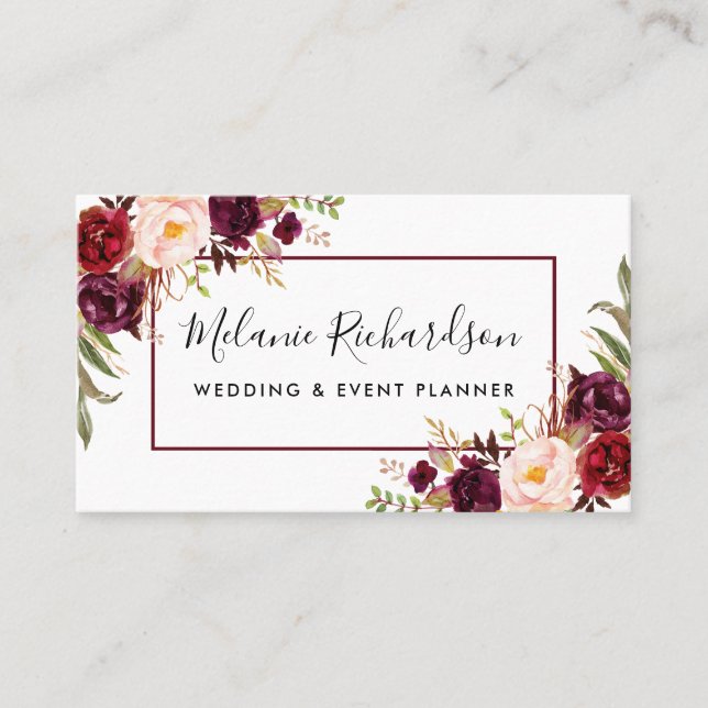Modern Elegant Burgundy Floral Framed Business Card (Front)
