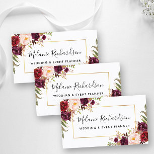 Modern Elegant Burgundy Floral Gold Frame Business Card