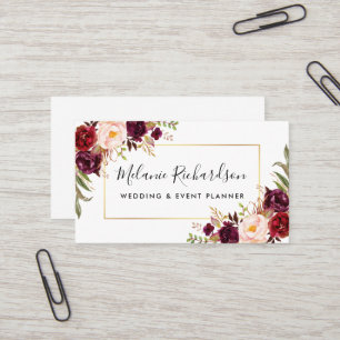 Modern Elegant Burgundy Floral Gold Frame Business Card