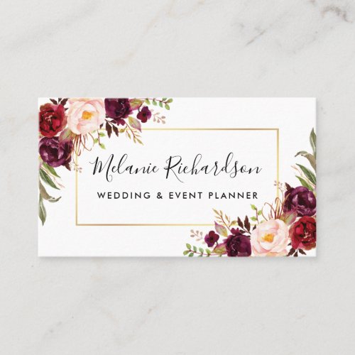 Modern Elegant Burgundy Floral Gold Frame Business Card