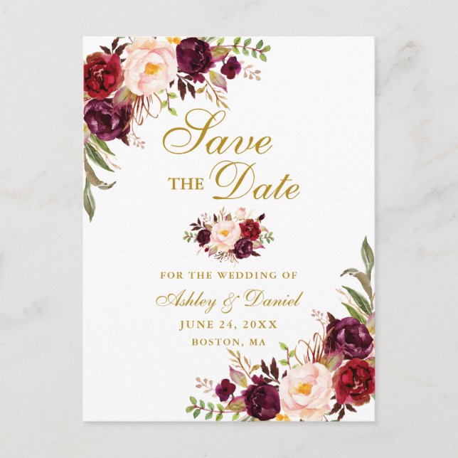 Modern Elegant Burgundy Floral Gold Save the Date Announcement Postcard (Front)