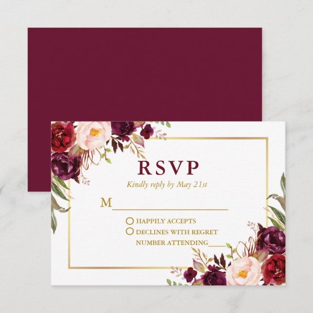 Modern Elegant Burgundy Floral Gold Wedding RSVP Card (Front/Back)