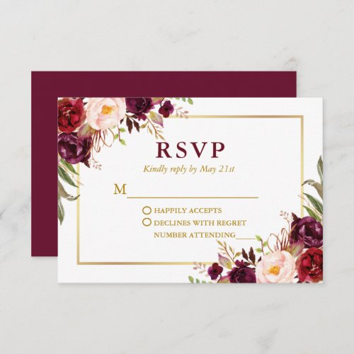 Modern Elegant Burgundy Floral Gold Wedding RSVP Card