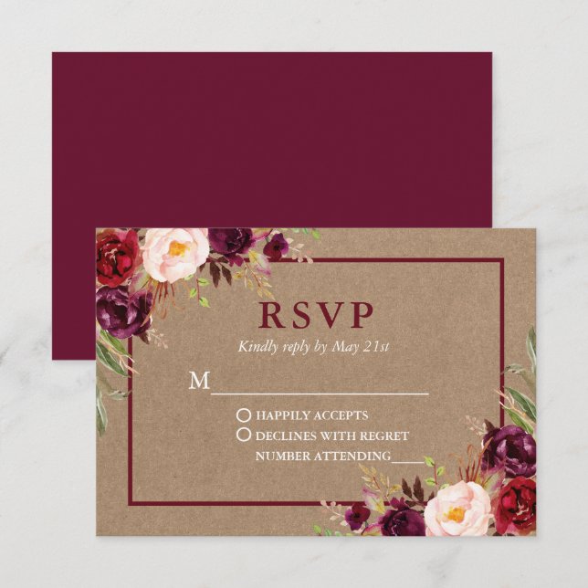 Modern Elegant Burgundy Floral Kraft Wedding RSVP Card (Front/Back)