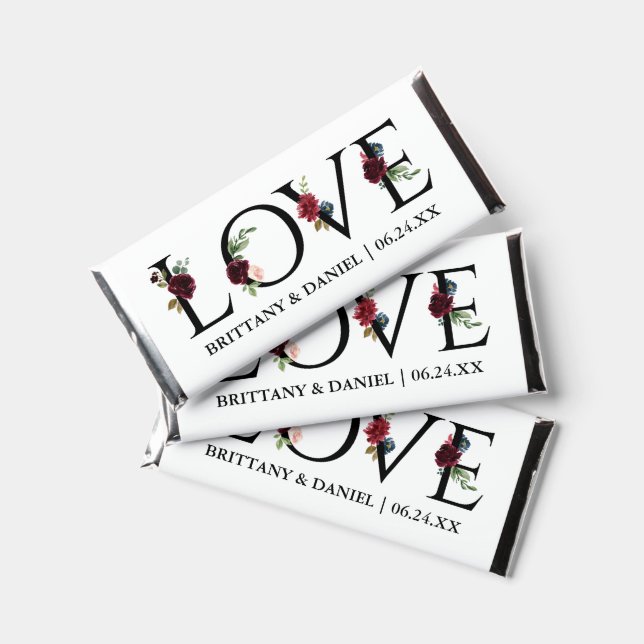 Modern Elegant Burgundy Floral Love Wedding Hershey Bar Favors (Front)
