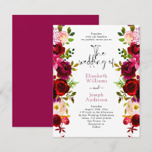 Modern Elegant Burgundy Floral Roses Pink Wedding  Invitation