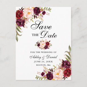 Modern Elegant Burgundy Floral Save the Date Blk Announcement Postcard