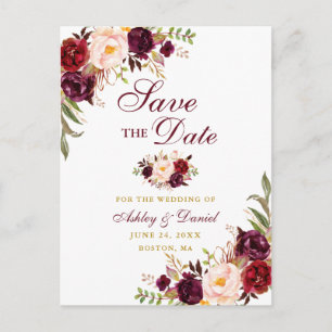 Modern Elegant Burgundy Floral Save the Date Gold Announcement Postcard