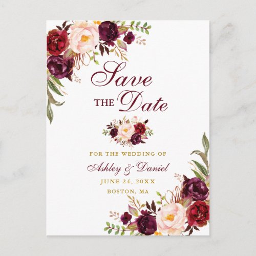 Modern Elegant Burgundy Floral Save the Date Gold Announcement Postcard