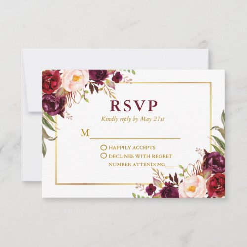 Modern Elegant Burgundy Floral Wedding Gold RSVP Card