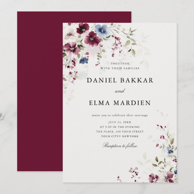Modern Elegant Burgundy Floral Wedding  Invitation (Front/Back)