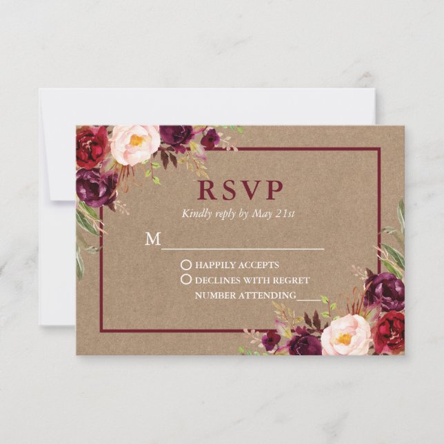 Modern Elegant Burgundy Floral Wedding Kraft RSVP Card (Front)