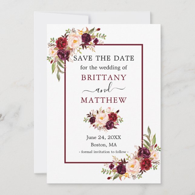Modern Elegant Burgundy Frame Floral Save The Date (Front)