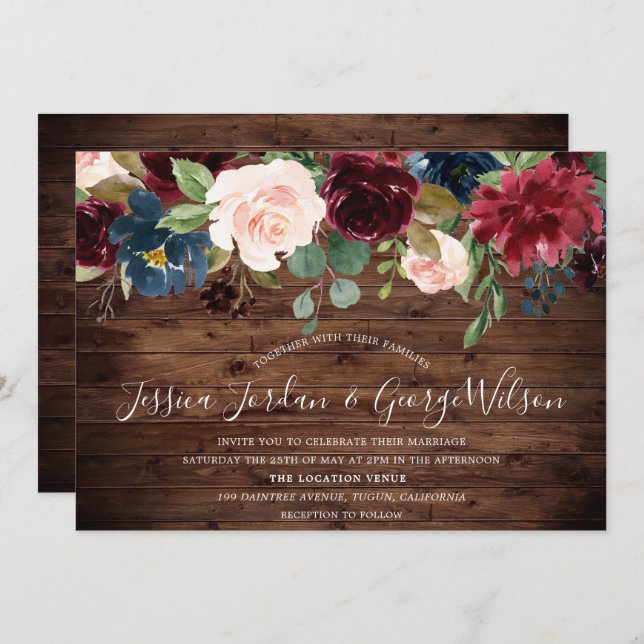 Modern Elegant Burgundy Garden Rustic Wedding Invitation (Front/Back)