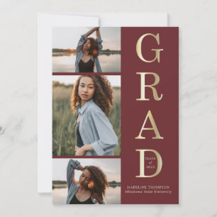 Modern Elegant Burgundy Gold 3 Photo Graduation Invitation