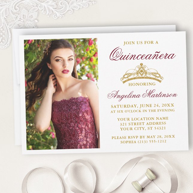 Modern Elegant Burgundy Gold Crown Quinceanera Invitation (Customize to change text size, style, color or to add text or more photos to back of card.)