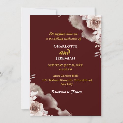 Modern Elegant Burgundy  Gold Floral Wedding Invitation