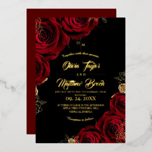 Modern Elegant Burgundy Gold Roses Wedding Foil Invitation