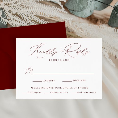 Modern Elegant Burgundy Meal Choice Wedding RSVP Card