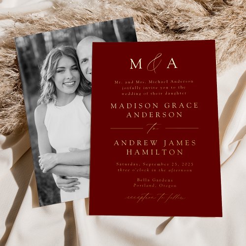 Modern Elegant Burgundy Monogram Photo Wedding Foil Invitation