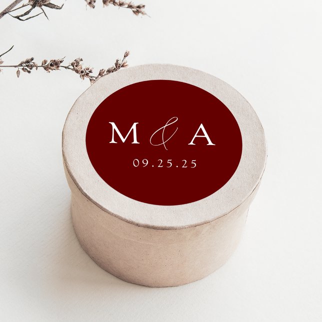 Modern Elegant Burgundy Monogram Wedding Classic Round Sticker (Creator Uploaded)