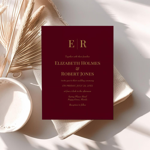 Modern Elegant Burgundy Monogram Wedding  Invitation