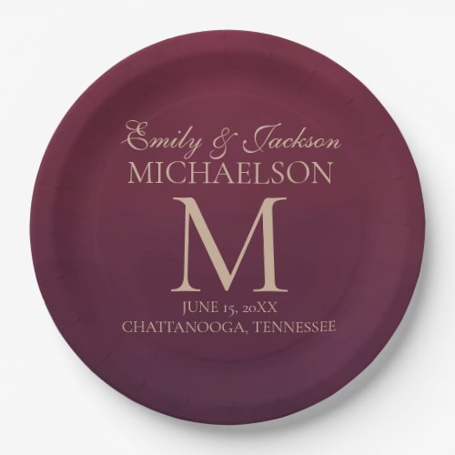 Modern Elegant Burgundy Monogram Wedding Paper Plates